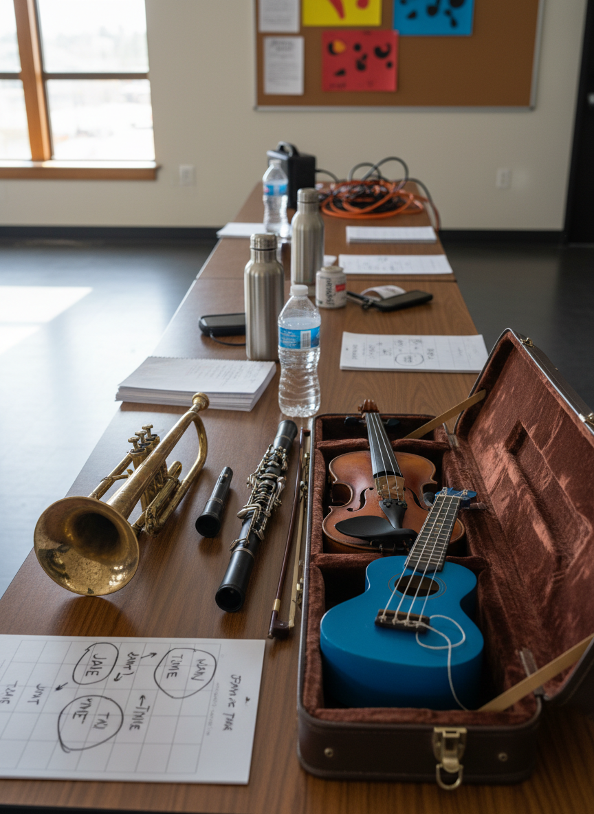 A long rehearsal table in a community hall lined with eclectic instruments: a trumpet with fingerprint smudges, a matte-black clarinet, a slightly scuffed violin in an open case, and a bright blue ukulele with worn strings. Beside them sit reusable water bottles, scribbled-on notepads, and a simple paper calendar marked with weekly jam times, all without legible text. The background shows a small portable speaker, tangled extension cords, and a bulletin board with colorful, abstract shapes hinting at announcements. Overhead fluorescent lighting mixes with soft window light, creating a friendly but unpolished atmosphere. Photographic realism, shot from a slightly elevated angle, sharp focus throughout, conveying the feel of an amateur group organizing their casual meetups and contact details around this shared table.