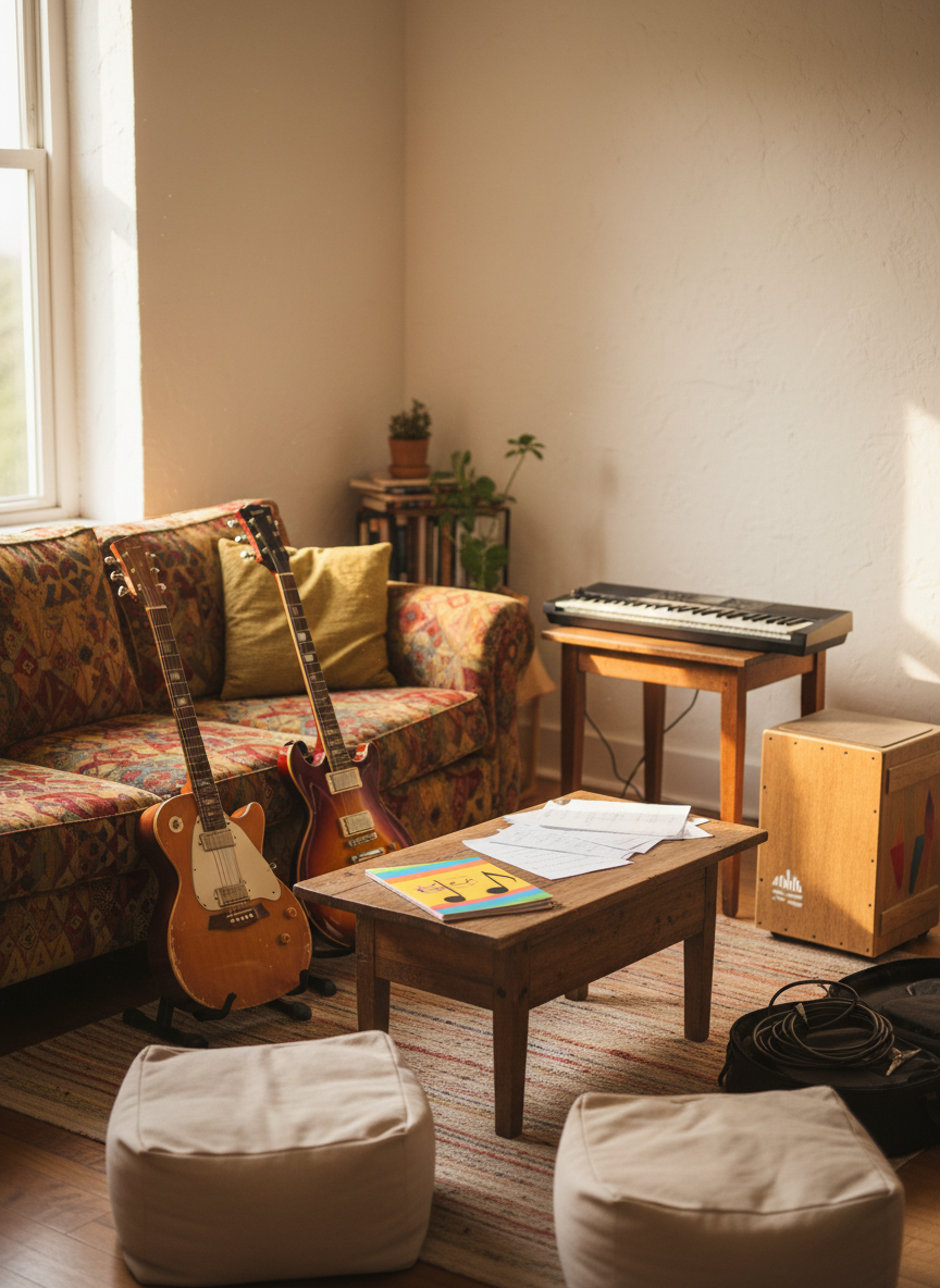 A cozy living-room-style rehearsal corner filled with musical instruments instead of people: a well-worn acoustic guitar leaning against a soft, patterned couch, a sunburst electric guitar resting on a stand, a compact digital keyboard on a simple wooden table, and a small cajón drum beside an open instrument case with cables spilling out. Scattered sheet music and a colorful notebook lie on a low coffee table. Warm late-afternoon sunlight pours through a nearby window, creating long, gentle shadows and golden highlights on the wood and fabric. Photographic realism, eye-level composition with shallow depth of field, playful and inviting mood, capturing the feeling of an informal weekly jam session about to begin, with empty seats subtly suggesting a friendly, amateur group gathering soon.