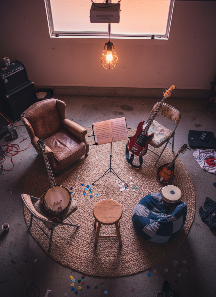 An overhead photographic view of a round rug in a casual garage-style music space, encircled by instruments arranged as if a group has just stepped away: an open-back banjo, a cherry-red bass guitar, a glossy mandolin, and a pair of bongos, each resting beside a different mismatched chair. A simple folding music stand at the center holds slightly crumpled sheets, and colorful guitar picks are scattered nearby. Soft, diffused evening light filters in from a high window, mixing with a single warm bulb overhead to create a relaxed, slightly cluttered atmosphere. The composition emphasizes circular balance and camaraderie without showing any people, conveying an amateur, playful jam session on the Central Coast.