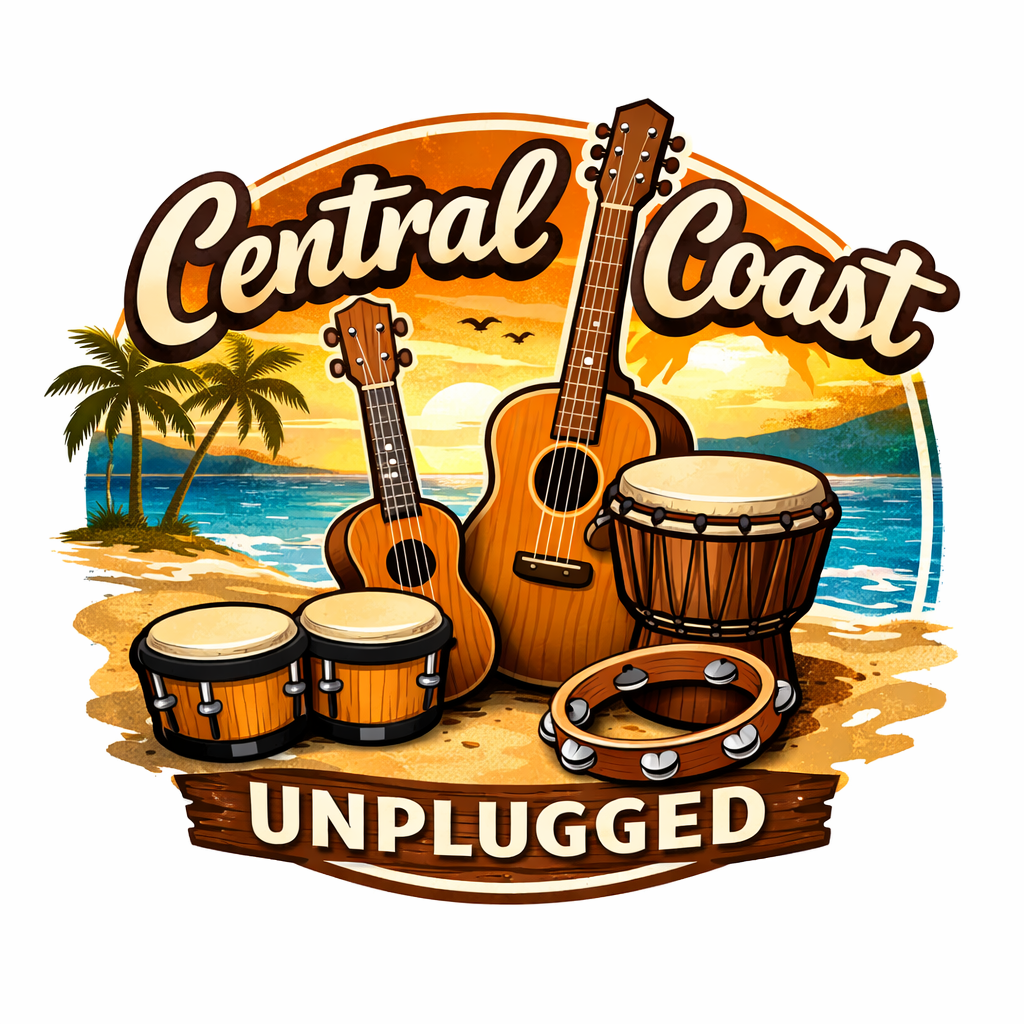 Central Coast Unplugged logo with acoustic instruments on a beach at sunset.